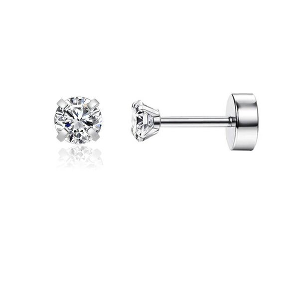 Tiny Silver 3mm CZ Flatback Cartilage Earrings with Screw Back for Helix Tragus - Picture 1 of 7